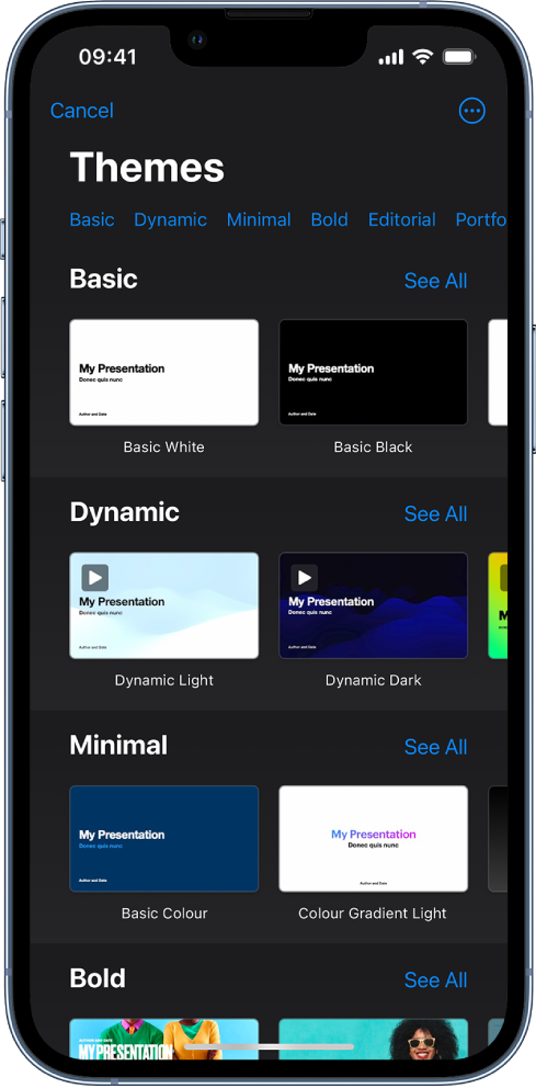 The theme chooser, showing a row of categories across the top that you can tap to filter the options. Below are thumbnails of pre-designed themes arranged in rows by category.