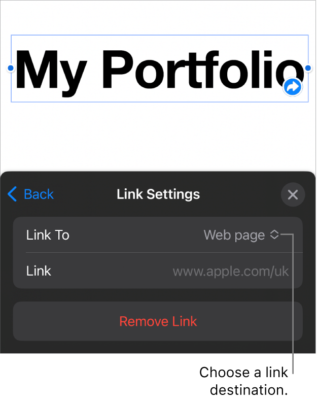 The Link Settings controls with Web Page selected and the Remove Link button at the bottom.