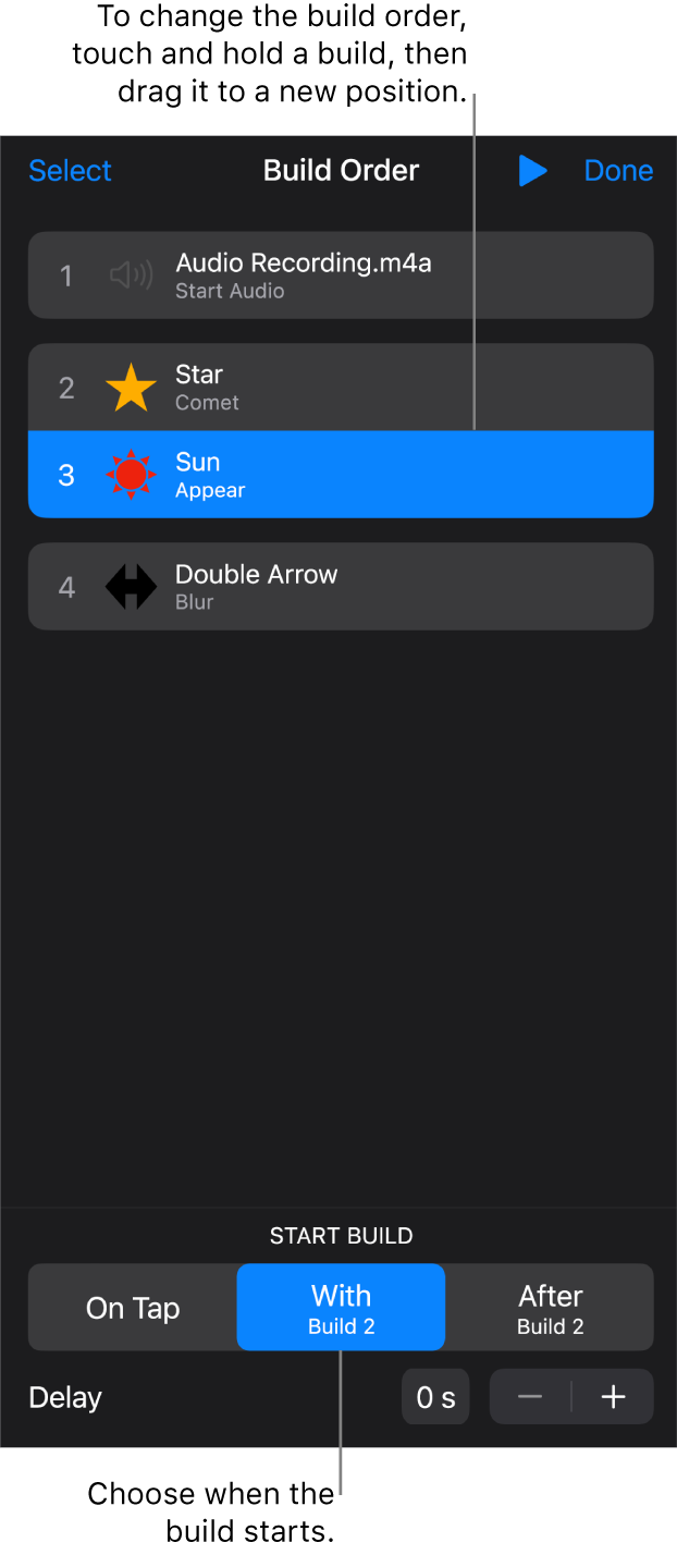 The Build Order list showing build-in effects with yellow badges and build-out effects with grey badges.