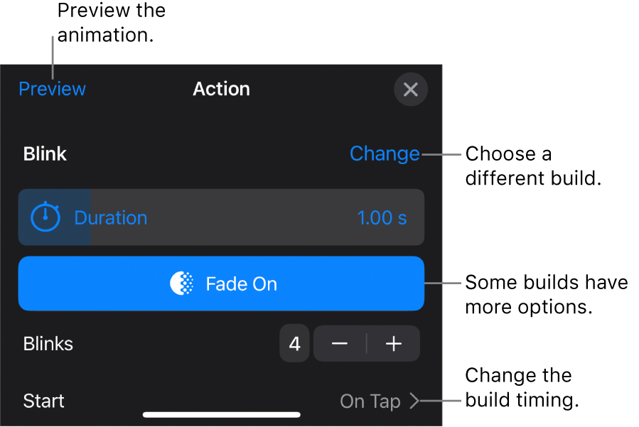 Build options include Duration and Start timing. Tap Change to choose a different build, or tap Preview to preview the build.