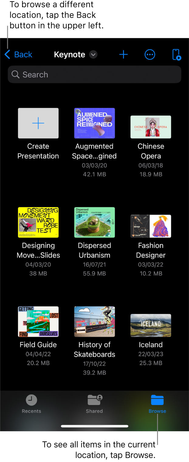 The browse view of the presentation manager with the Back button in the top-left corner and below it a Search field. In the top-right corner are the Add, More and Remote buttons. At the bottom of the screen are the Recents, Shared and Browse buttons.