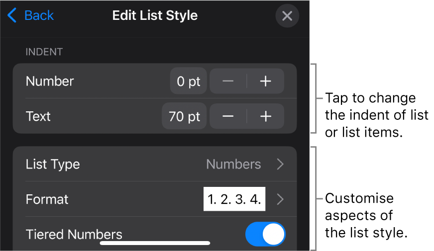 Edit List Style menu with controls for editing the list’s type and appearance.