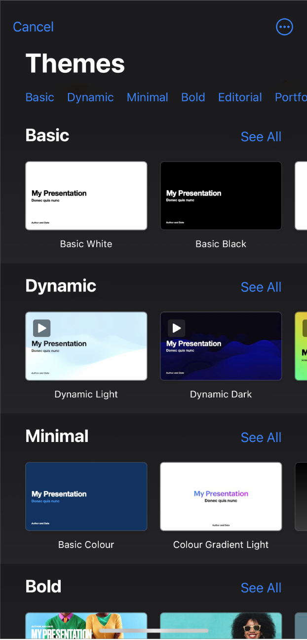 The theme chooser, showing a row of categories across the top that you can tap to filter the options. Below are thumbnails of pre-designed themes arranged in rows by category.