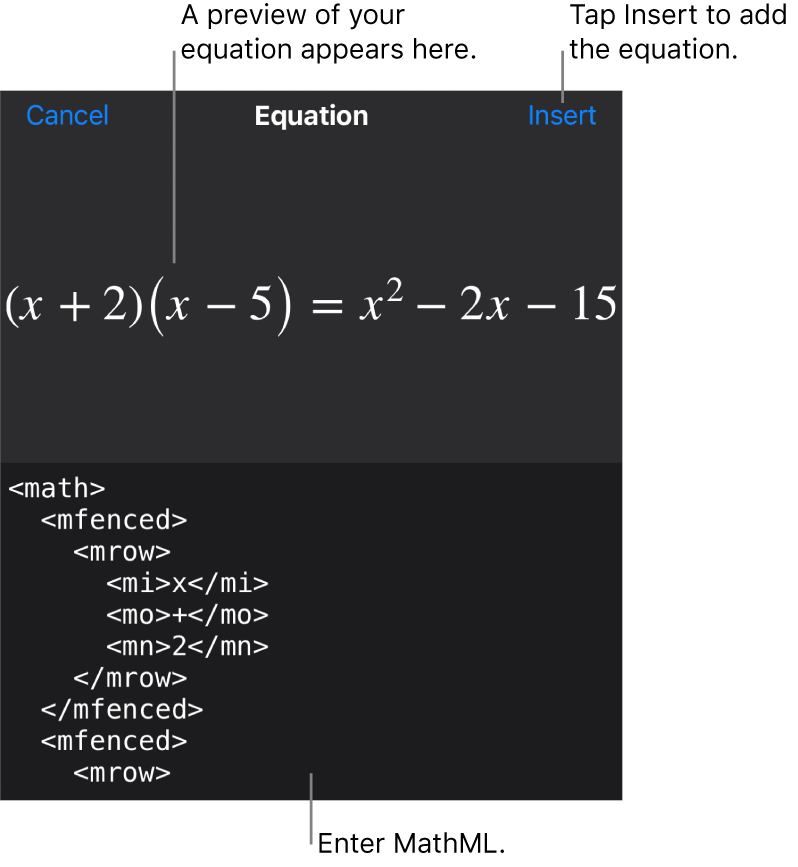 The Equation dialogue, showing an equation written using MathML commands, and a preview of the formula above.
