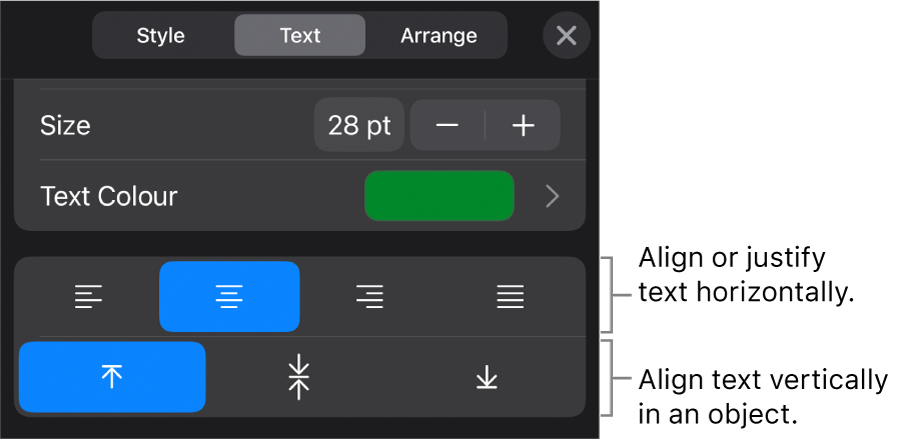 The Alignment section of the Format button with callouts to text alignment buttons.
