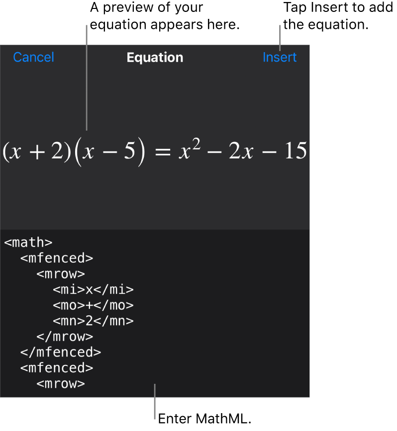 The Equation dialogue, showing an equation written using MathML commands, and a preview of the formula above.