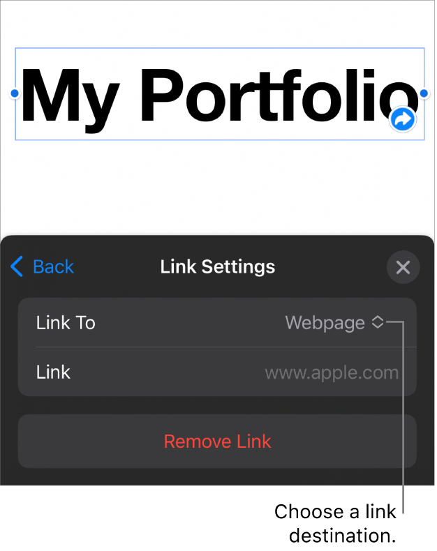 The Link Settings controls with Webpage selected, and the Remove Link button at the bottom.