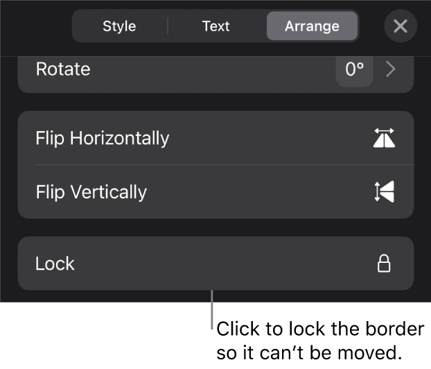 The Arrange controls in the Format menu with the Lock button called out.