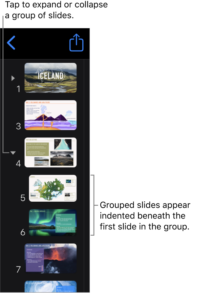 Slide navigator showing indented slides.