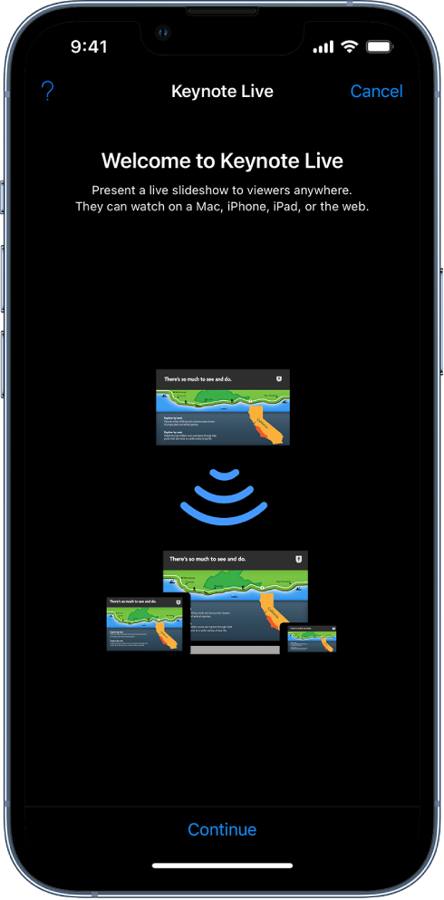 A window introducing Keynote Live with the Continue button at the bottom.
