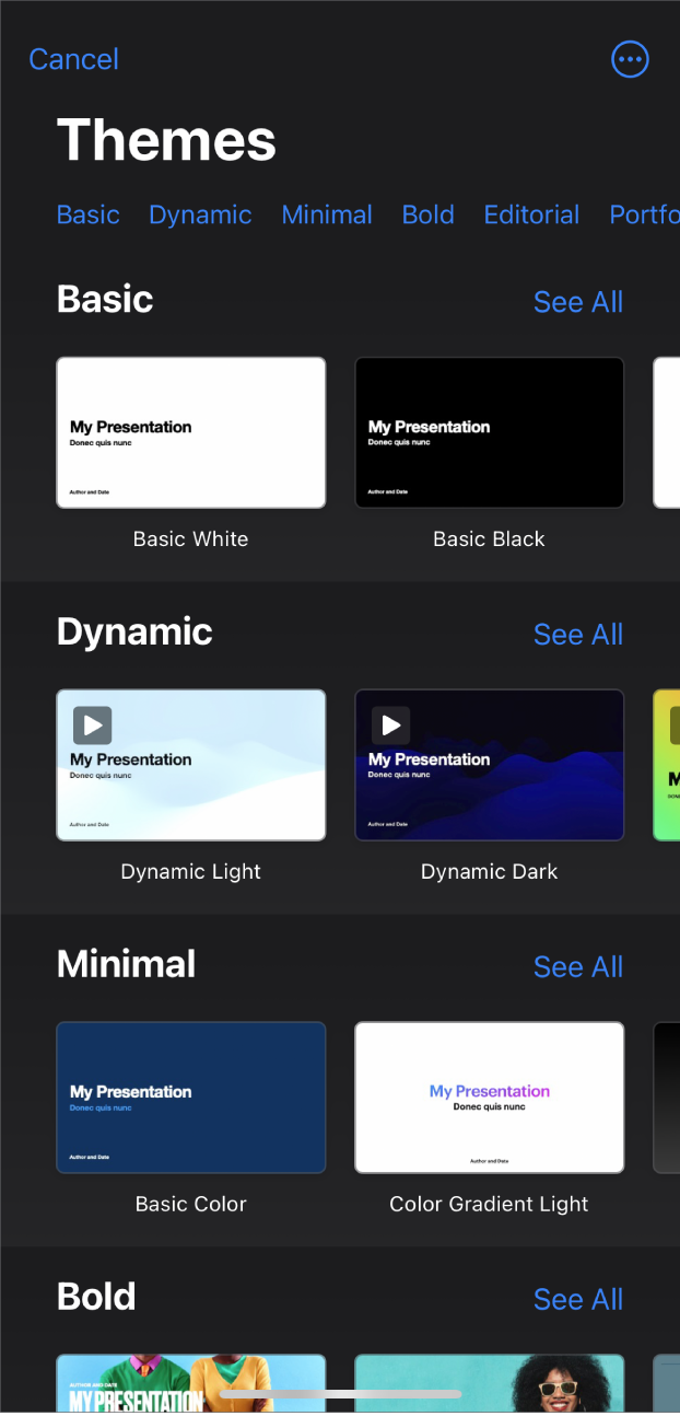 The theme chooser, showing a row of categories across the top that you can tap to filter the options. Below are thumbnails of predesigned themes arranged in rows by category.
