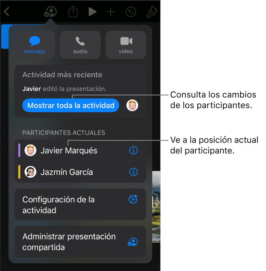 El menú de colaboración con los participantes actuales que aparecen ahí.
