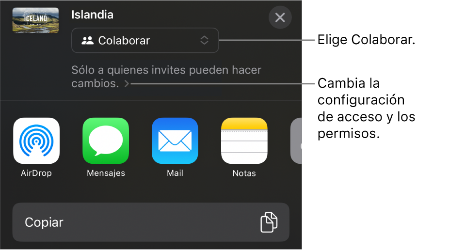El menú Compartir con la opción Colaborar seleccionada en la parte superior, y la configuración de acceso y permisos debajo.