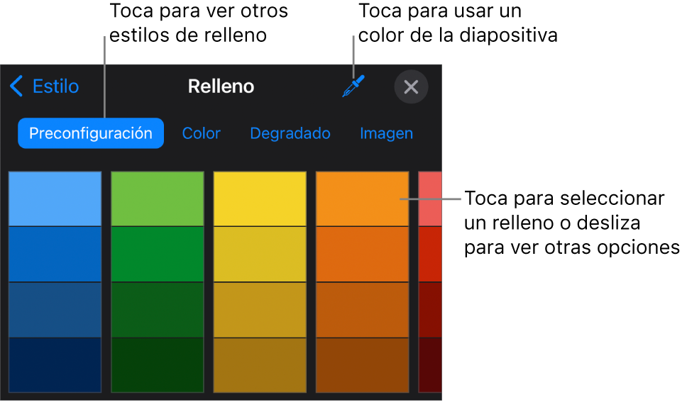 Opciones de relleno en la pestaña Estilo.