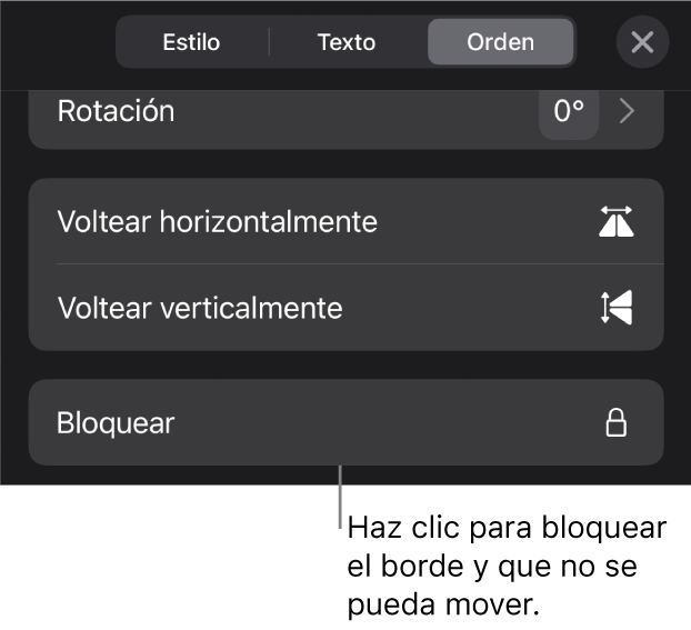 Los controles Disposición del menú Formato con un mensaje en la opción Bloquear.