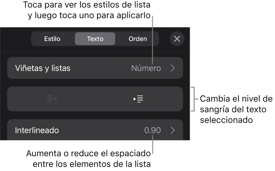 La sección Viñetas y listas de los controles de formato con texto que señala la sección Viñetas y listas, los botones de las sangría derecha o izquierda y controles de interlineado.