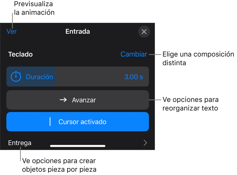 Las opciones de composición incluyen Duración, Animación del texto y Entrega. Toca Cambiar para seleccionar una composición distinta, o toca Previsualización para previsualizar la composición.