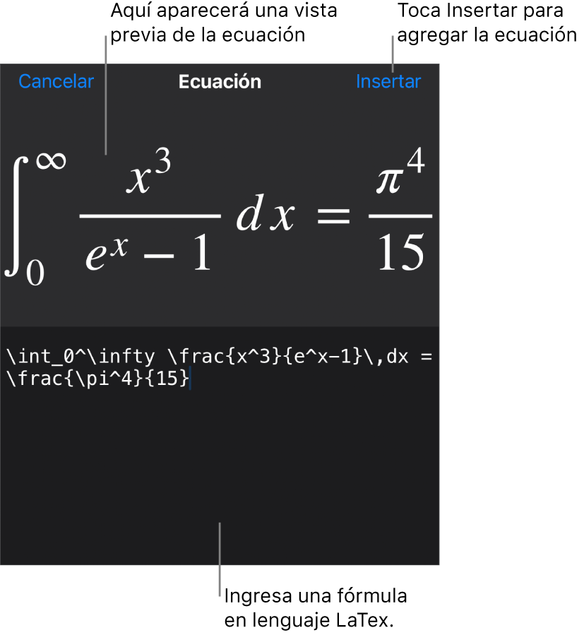 El cuadro de diálogo Ecuación con una ecuación escrita con comandos de LaTeX y una previsualización de la fórmula encima.
