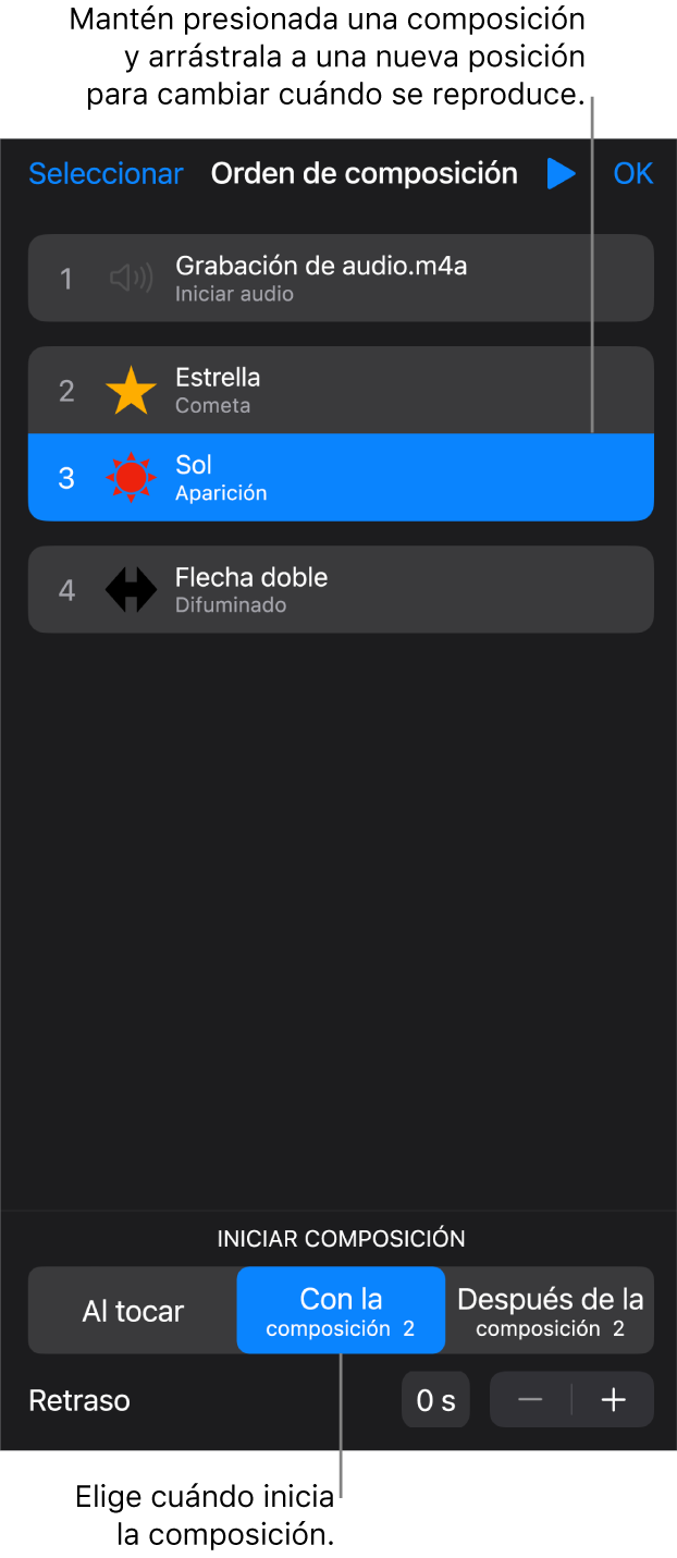 La lista Orden de composición mostrando los efectos de entrada con indicaciones amarillas y los de salida con indicaciones grises.