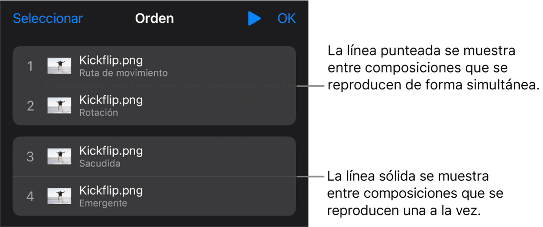 El menú Orden de composición, con una línea de puntos entre las composiciones que se reproducirán simultáneamente y una línea sólida entre las composiciones que se reproducen en orden secuencial.