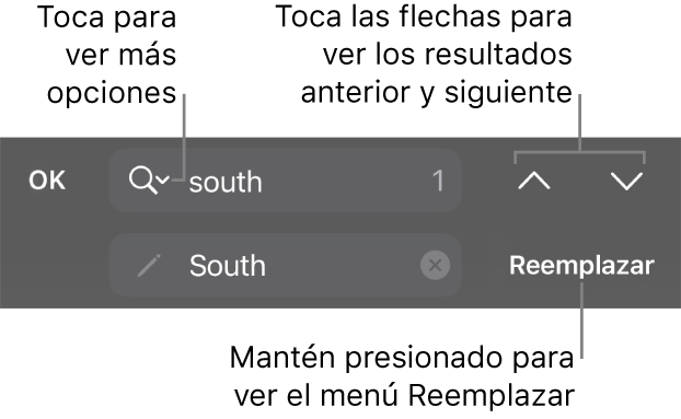 Los controles Buscar y Reemplazar arriba del teclado con mensajes en los botones Opciones de Búsqueda, Reemplazar, Subir y Bajar.