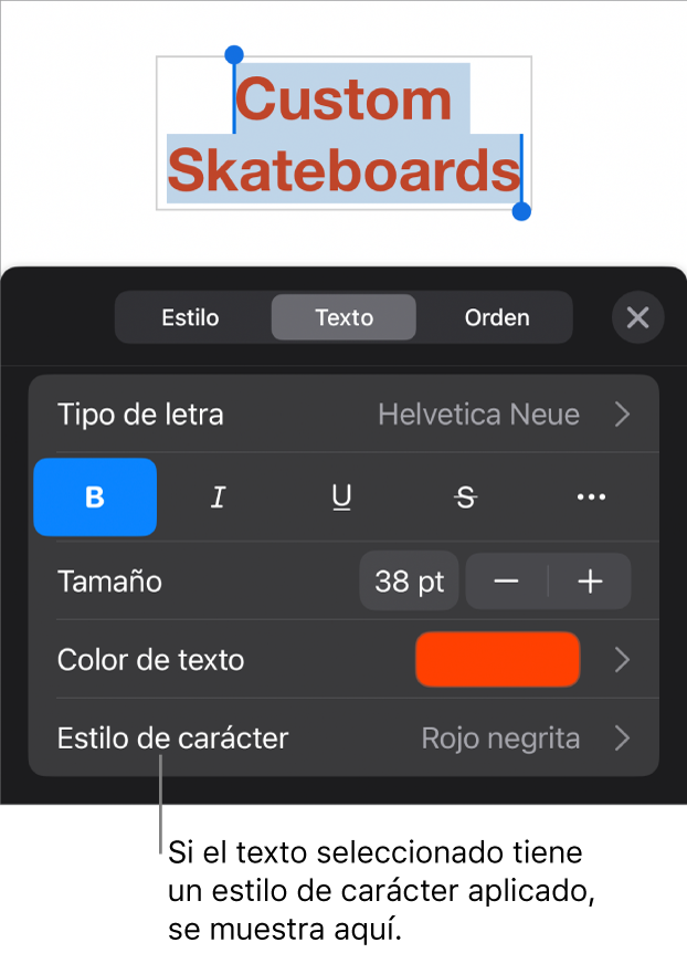 Los controles de formato de texto con Estilo de carácter debajo de los controles de color. El estilo de carácter Ninguno aparece con un asterisco.