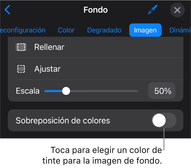 Los controles Fondo con una imagen establecida como fondo de la diapositiva y el control Sobreposición de colores en la parte inferior.
