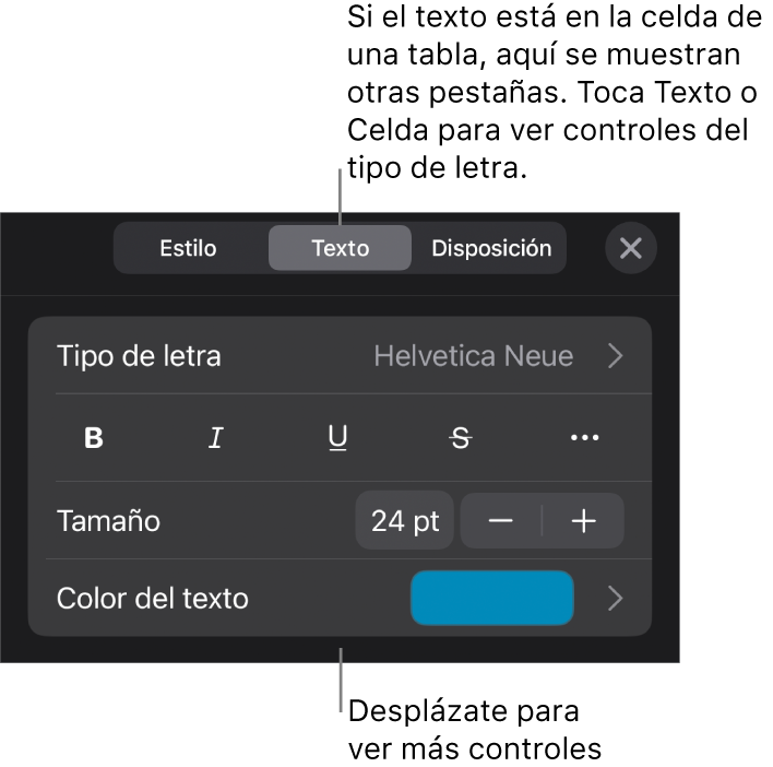 Controles de texto en el menú Formato para configurar los estilos de párrafo y carácter, tipo de letra, tamaño y color.