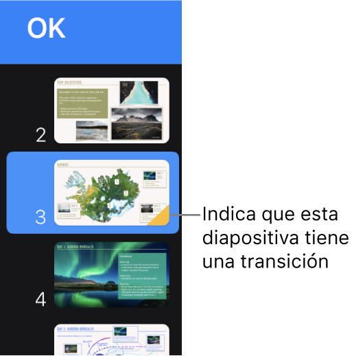 Un triángulo amarillo sobre una diapositiva indica que la diapositiva posee una transición.