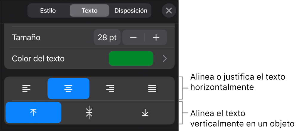 Sección Alineación del botón de formato con llamadas a los botones de alineación de texto.