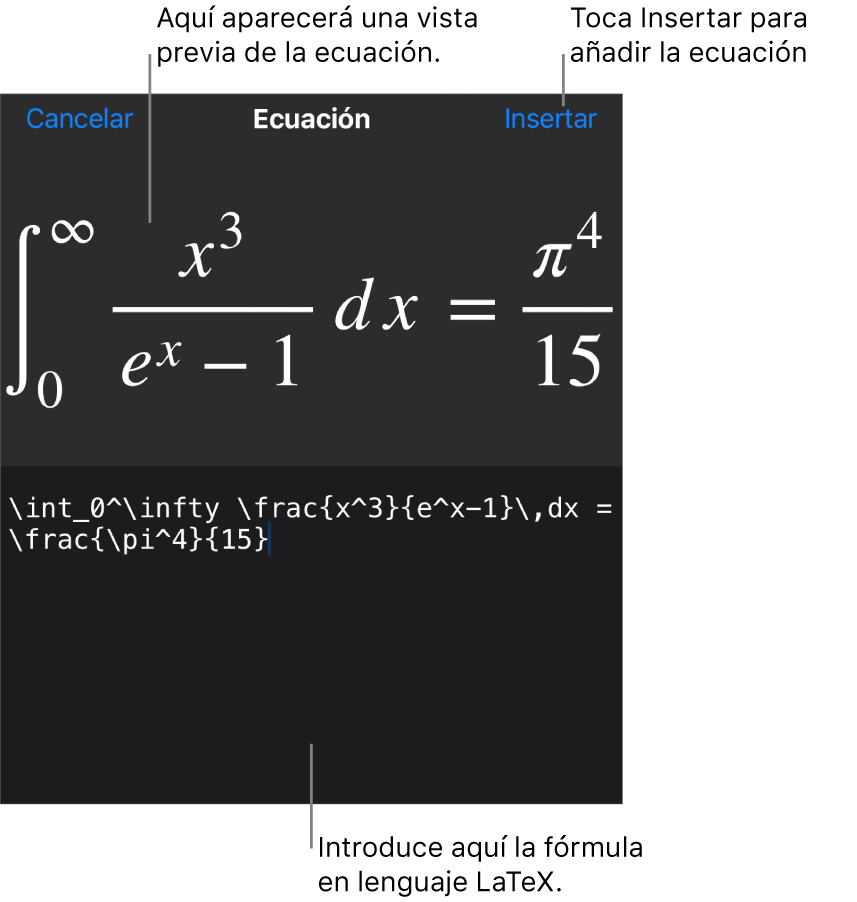 El diálogo Ecuación con una ecuación escrita con comandos de LaTeX y una previsualización de la fórmula encima.