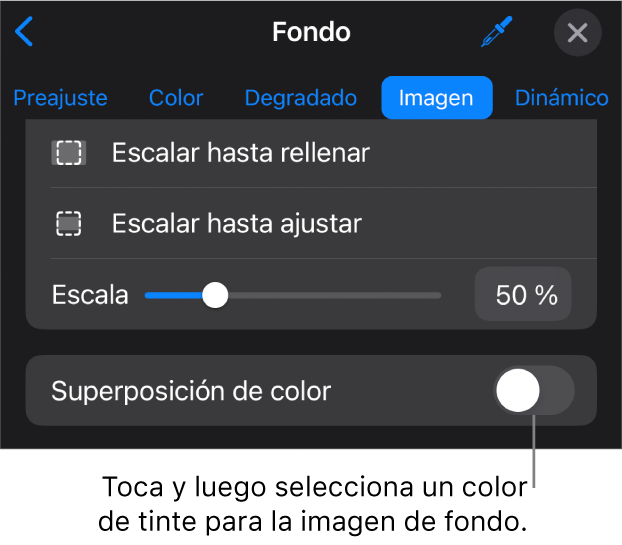 Los controles de Fondo con una imagen establecida como el fondo de la diapositiva y el control “Superposición de color” en la parte inferior.