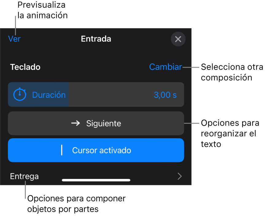 Las opciones de composición incluyen Duración, “Animación del texto” y Entrega. Toca Cambiar para seleccionar otra composición o toca Previsualización para previsualizar la composición.