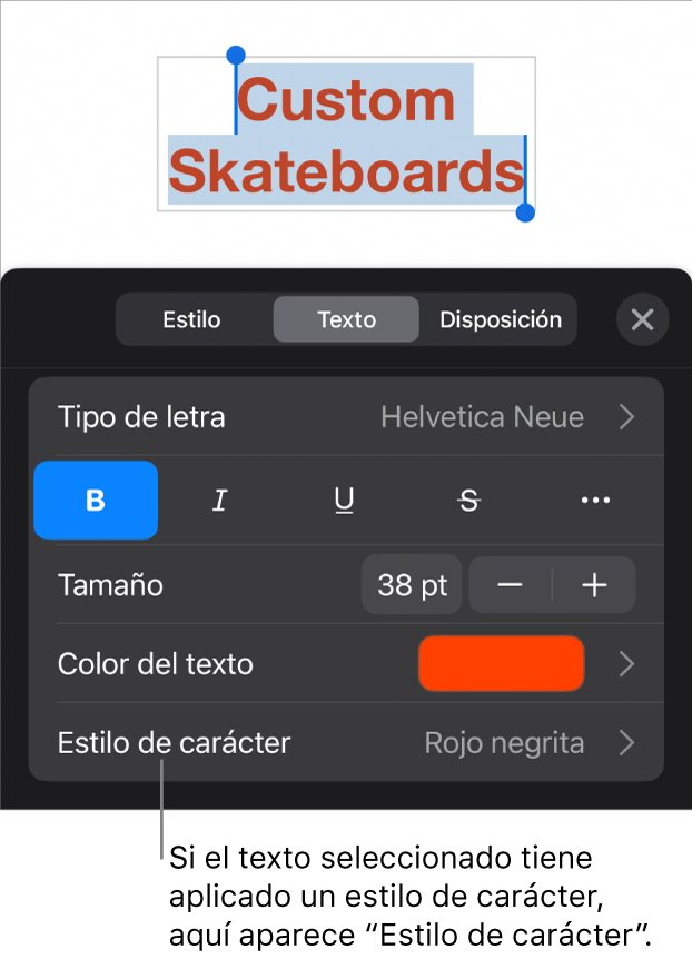 Los controles de formato de texto con “Estilos de carácter” debajo de los controles de color. El estilo de carácter Ninguno aparece con un asterisco.