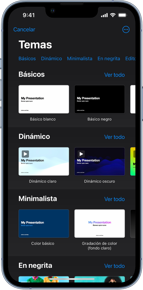 El selector de tema, mostrando una fila de categorías a lo largo de la parte superior que puedes tocar para filtrar las opciones. Debajo hay miniaturas de temas prediseñados organizados en filas por categorías.