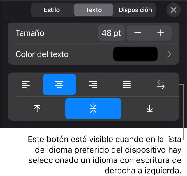 Controles de texto del menú Formato con una llamada al botón “De derecha a izquierda”.
