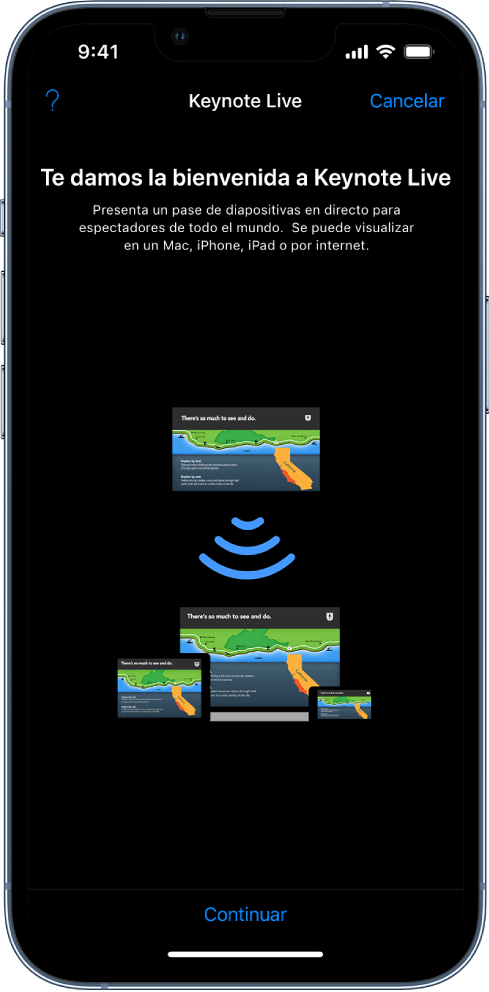 Una ventana que presenta Keynote Live con el botón Continuar en la parte inferior.