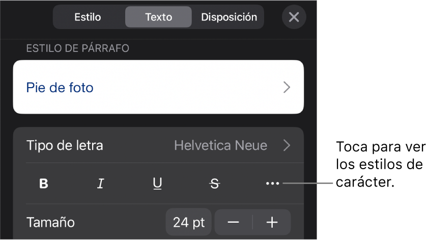 Los controles de Formato con los estilos de párrafo en la parte superior y, después, los controles de “Tipo de letra”. Debajo de “Tipo de letra” están los botones Negrita, Cursiva, Tachado y “Más opciones de texto”
