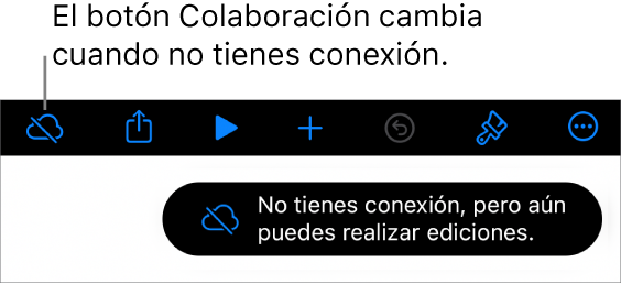 Los botones de la parte superior de la pantalla, con el botón Colaboración cambiado a una nube con una línea diagonal que la atraviesa. Un aviso en la pantalla dice “No tienes conexión, pero aún puedes realizar ediciones”.