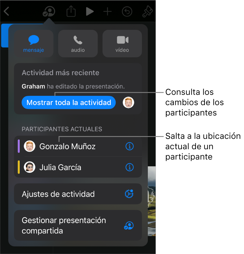 El menú de colaboración con los participantes actuales.