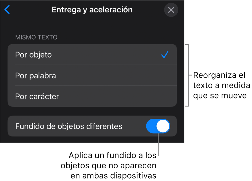 Opciones de entrega y aceleración de “Movimiento mágico” en el panel Aceleración.