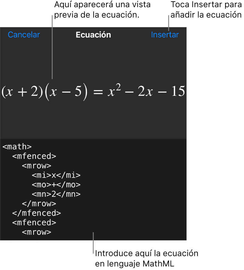 El diálogo Ecuación con una ecuación escrita con comandos de MathML y una previsualización de la fórmula encima.
