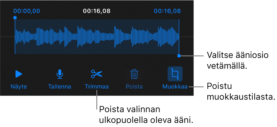 Säätimet tallennetun äänen muokkaamiseen. Kahvat osoittavat äänitysosion. Alla on painikkeet esikuuntelulle, tallentamiselle, trimmaamiselle, poistamiselle ja muokkaustilalle.
