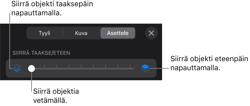 Siirrä taakse -painike, Siirrä eteen -painike ja kerrosliukusäädin.