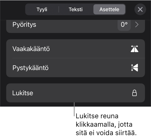 Järjestä-säätimet Muoto-valikossa, ja Lukitse-painike näkyy korostettuna.