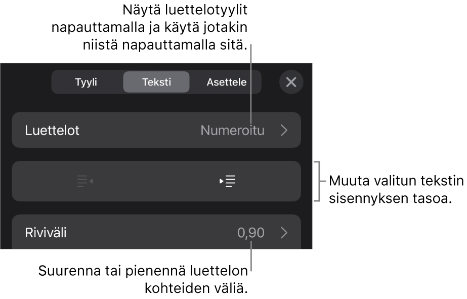 Muoto-säätimien Luettelot-osio, jossa on selitteet Luetteloihin, ulonnus- ja sisennyspainikkeisiin ja rivivälisäätimiin.