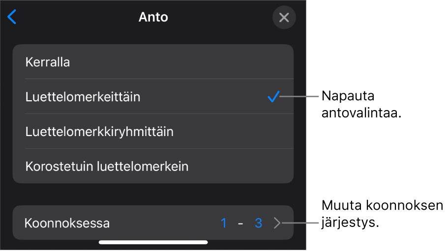 Antovalinnat Aloitus-osiossa.