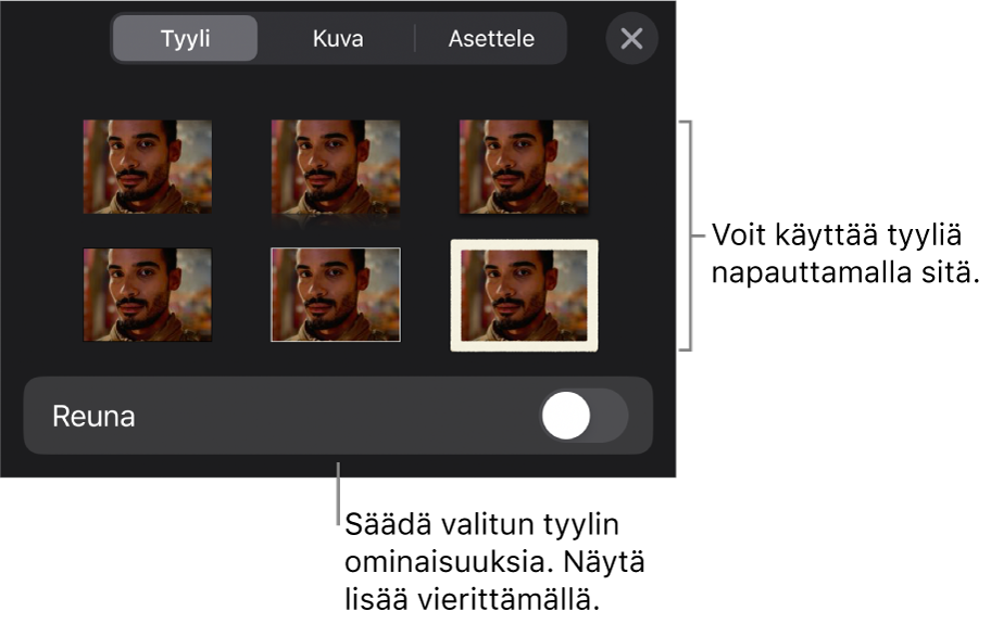 Muoto-valikon Tyyli-välilehti, jossa on ylhäällä objektityylejä ja niiden alla säädin, jolla muutetaan reunoja.