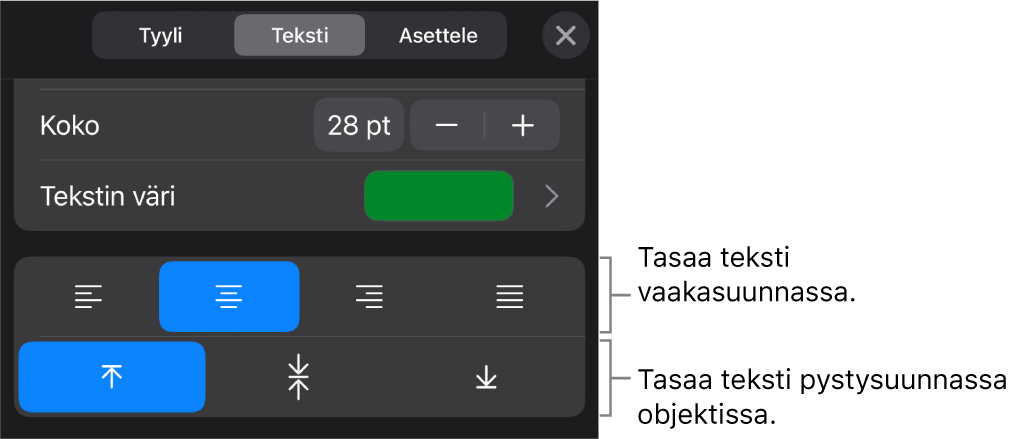 Muoto-painikkeen Tasaus-osio, jossa on selitteitä tekstin tasauspainikkeille.