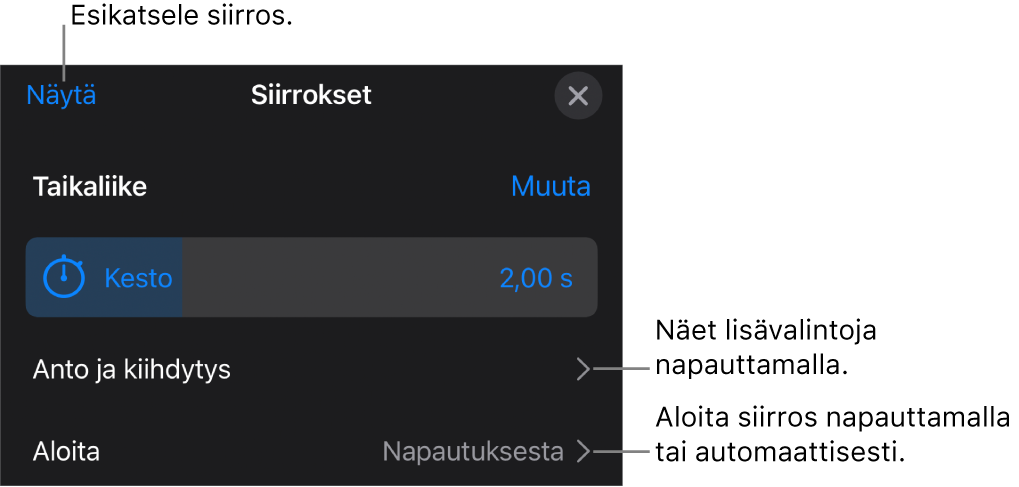 Siirrokset-osion Taikaliike-säätimet.